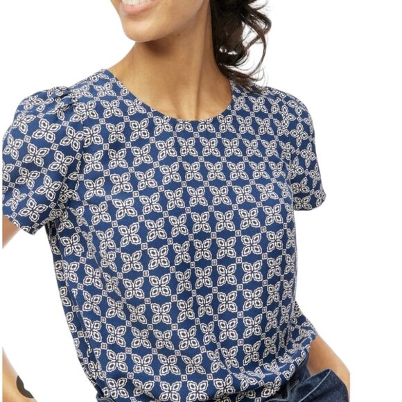 J. Crew Factory Tops - J. Crew Factory Printed Short-Sleeve Blouse Navy Blue White EUC